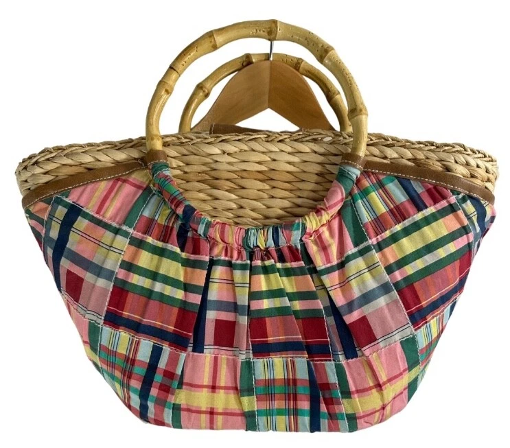 John Romaine Vintage Woven Straw Ratan Basket Plaid Handbag Purse