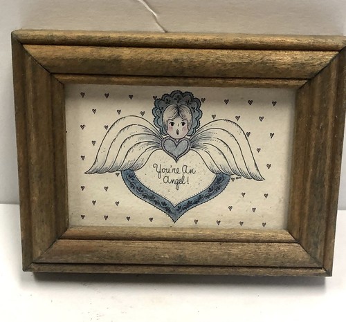 Vintage Cherub Angel Picture w/Wooden Frame “ You An Angel “ Blue Hearts Wings - Picture 2 of 6