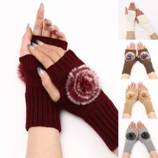 Men Woman Winter Warm Fingerless Gloves Half Finger Knitted Mitten Fur Hairball↗