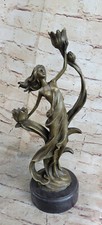 16" European Made Nude Excellent Brown Bronze Lotus Flower Candleholder Statue