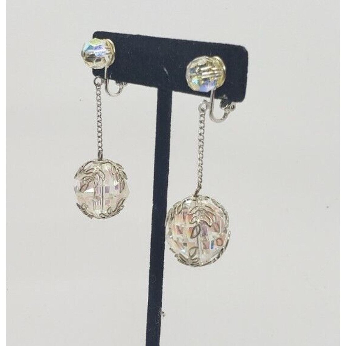 RARE Charlin Vintage Earrings Clip Big AB Crystal Ball Drop