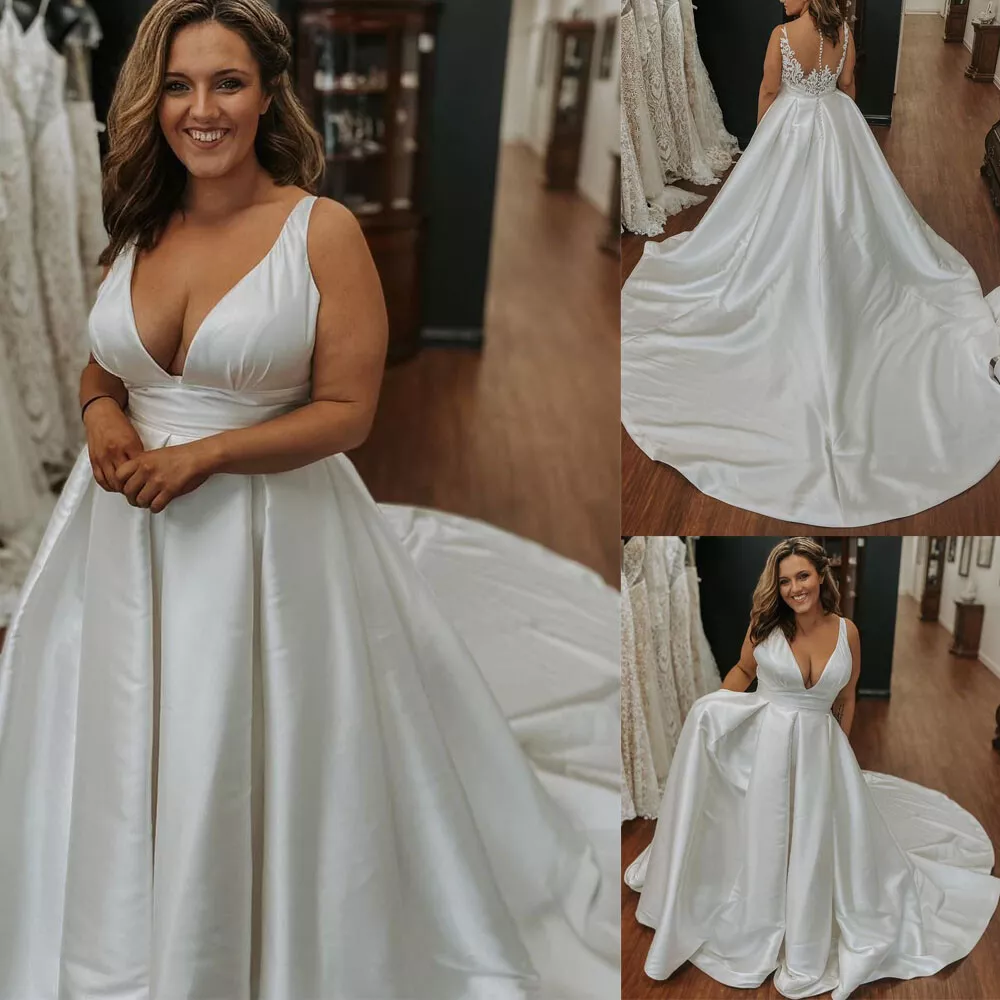 Simple Plus Size Wedding Dresses V Neck Satin A Line Sweep Train Bridal  Gowns