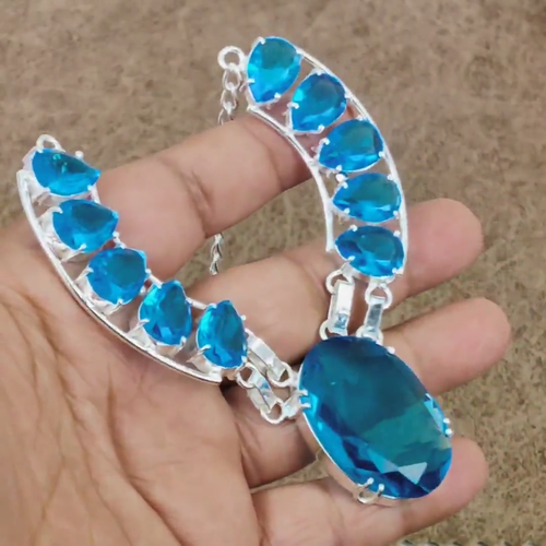 Swiss Blue Topaz Gemstone 925 Sterling Silver Handmade Jewelry Necklace Size-18" - Video 1 of 1