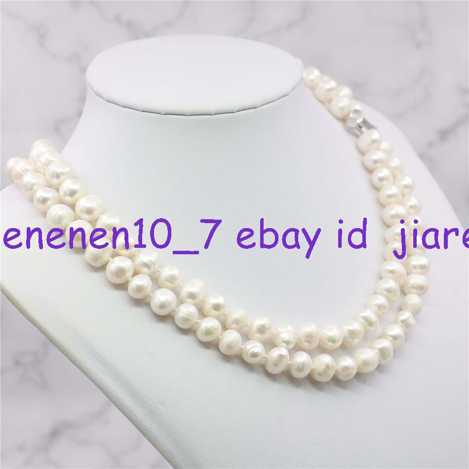 Natural 2 Rows 8-9mm White Freshwater Cultured Pearl Necklace 18