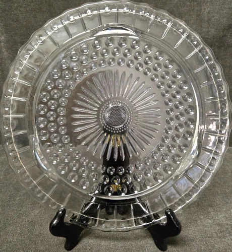 VINTAGE Clear Fed  Glass Cake plate serving Hobnail Bubble 3 footed Scalloped
