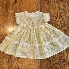 Vtg Handmade Sheer Baby Dress Yellow Floral Lace Trim Photo Prop Cottagecore 50s