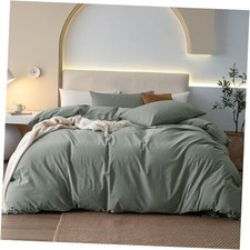 100 Washed Cotton Duvet Cover Queen 90"x90" Heathered Green no Comforter 
