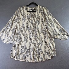 Karen Kane Womens M Feather Print Chiffon Blouse Tan Blue V-Neck Bell Sleeve