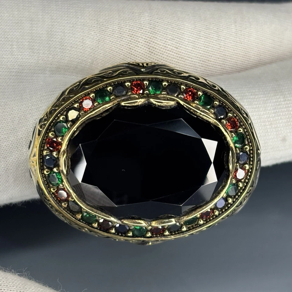 Heavyweight Black Onyx Stone 925 Sterling Silver Ring Handmade Turkish Ottoman - Image 4 of 4