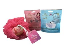 Disney Princess Bath Set Bundle Bath Bomb + Bath Pouf Ariel Cinderella Vanilla