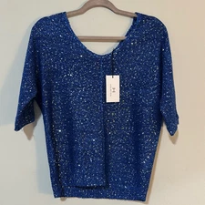 H by Halston Royal Blue Knit Metallic Sequin Top M