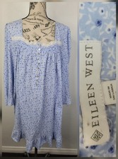 Eileen West Nightgown Sz L Blue Floral Lace Trim Long Sleeves Granny Cottagecore