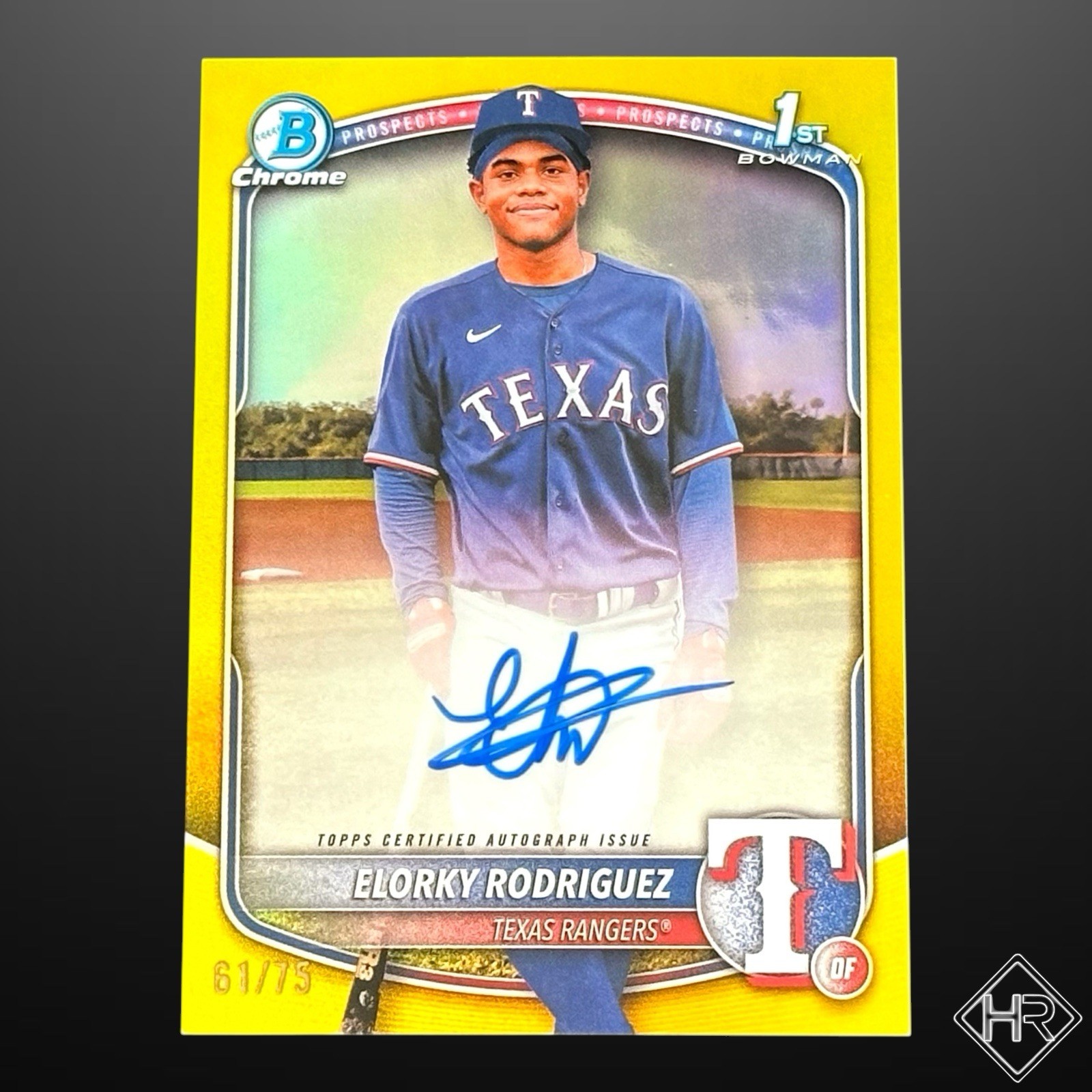 2025 Bowman Chrome Elorky Rodriguez 1st Bowman Yellow Refractor Auto /75 Rangers
