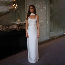 Elegant Satin Sheath Wedding Dresses Long Scalf Back Slit Sweetahrt Lace Gowns