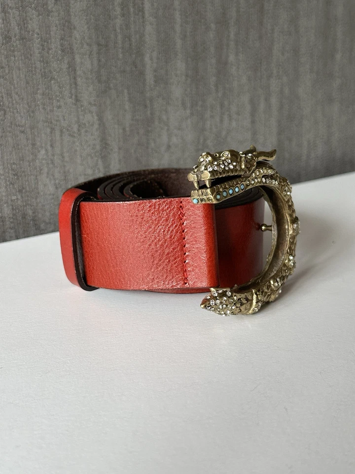 Raro Cinturón De Colección Roberto Cavalli Cuero Rojo Cristal Turquesa Dragón Grande 38 Foto 2 de 4