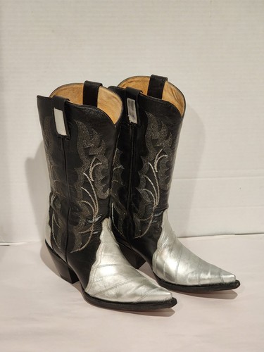 Ciceg Mexican Custom Women Black and Silver Pointed Toe Cowboy Boots Size 7.5