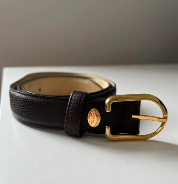 Longchamp Paris Brown Pebbled Leather Belt Brown Gold Buckle Made in France 87cm