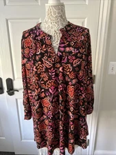 Dear Scarlett Womens LIzzy Top With  3/4 Sleeve Relaxed Floral Black XL