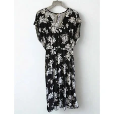 Studio B by Bobeau XL Black Floral Midi Dress V-Neck Elastic Waist Short Sleeve