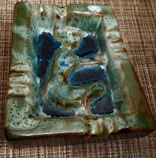 Mid Century POTTERY Silhouette Ashtray Turquoise Drip Glaze Unique Modernist 