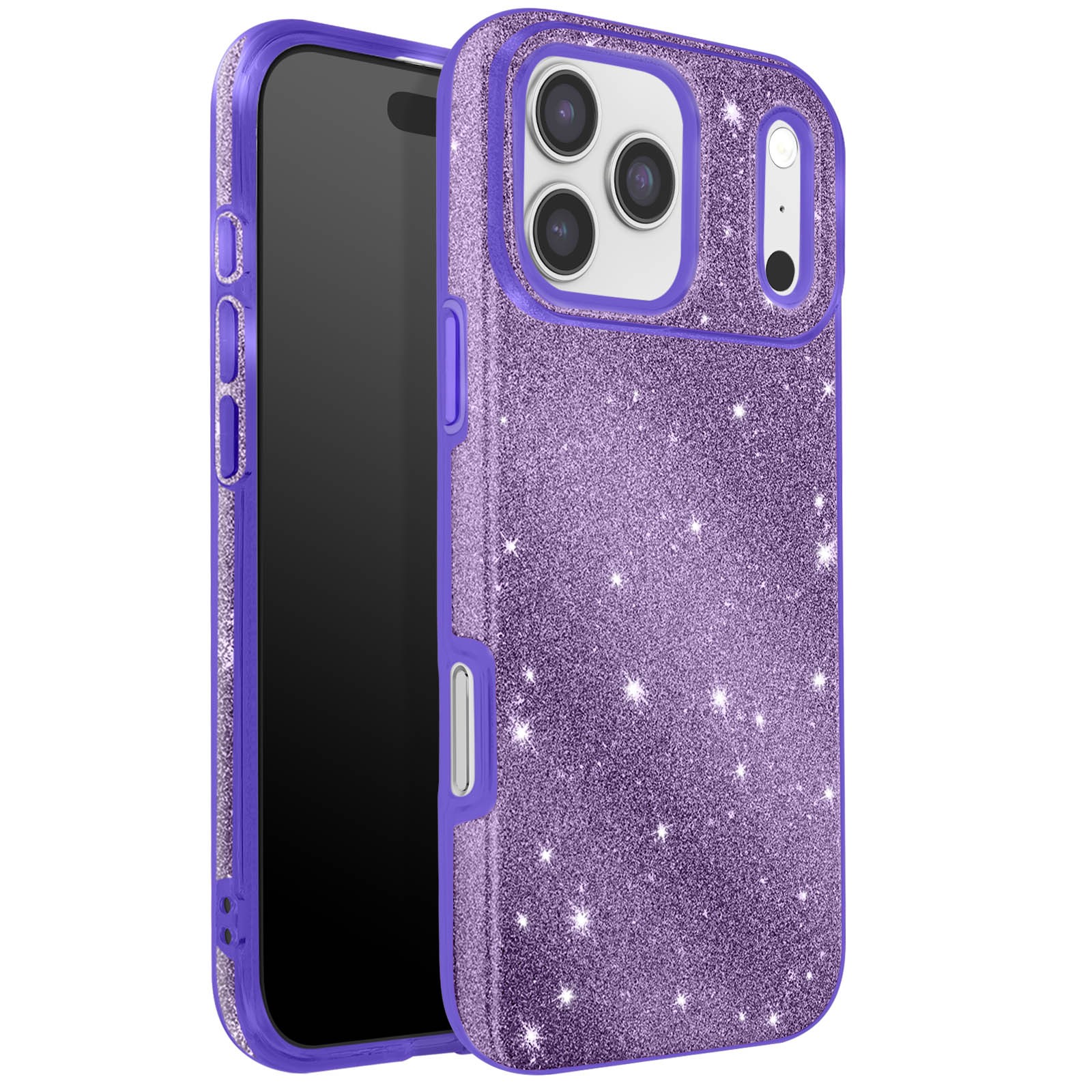 Coque iPhone 17 Pro violette pailletée bi-matière antichoc