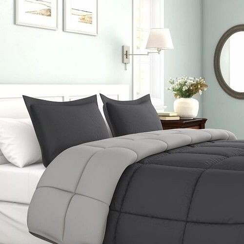Full/Queen Traditional Microfiber Reversible 3 Piece Comforter Set in Grey - Picture 2 of 3