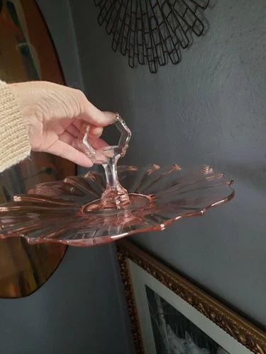Vintage Pink Depression Glass, Etched Platter With Handle