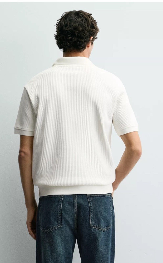 Zara Textured White Polo Shirt L Preppy Old Money Cotton thumbnail 4
