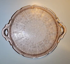 VTG Jeanette Pink Depression Glass Cherry Blossom Serving Platter with Handles