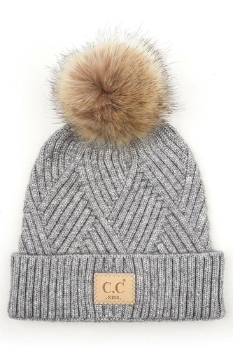 C.C Exclusive Kids Diagonal Stripes Criss Cross Cable Knit Soft Pom Beanie Hat - Picture 6 of 10