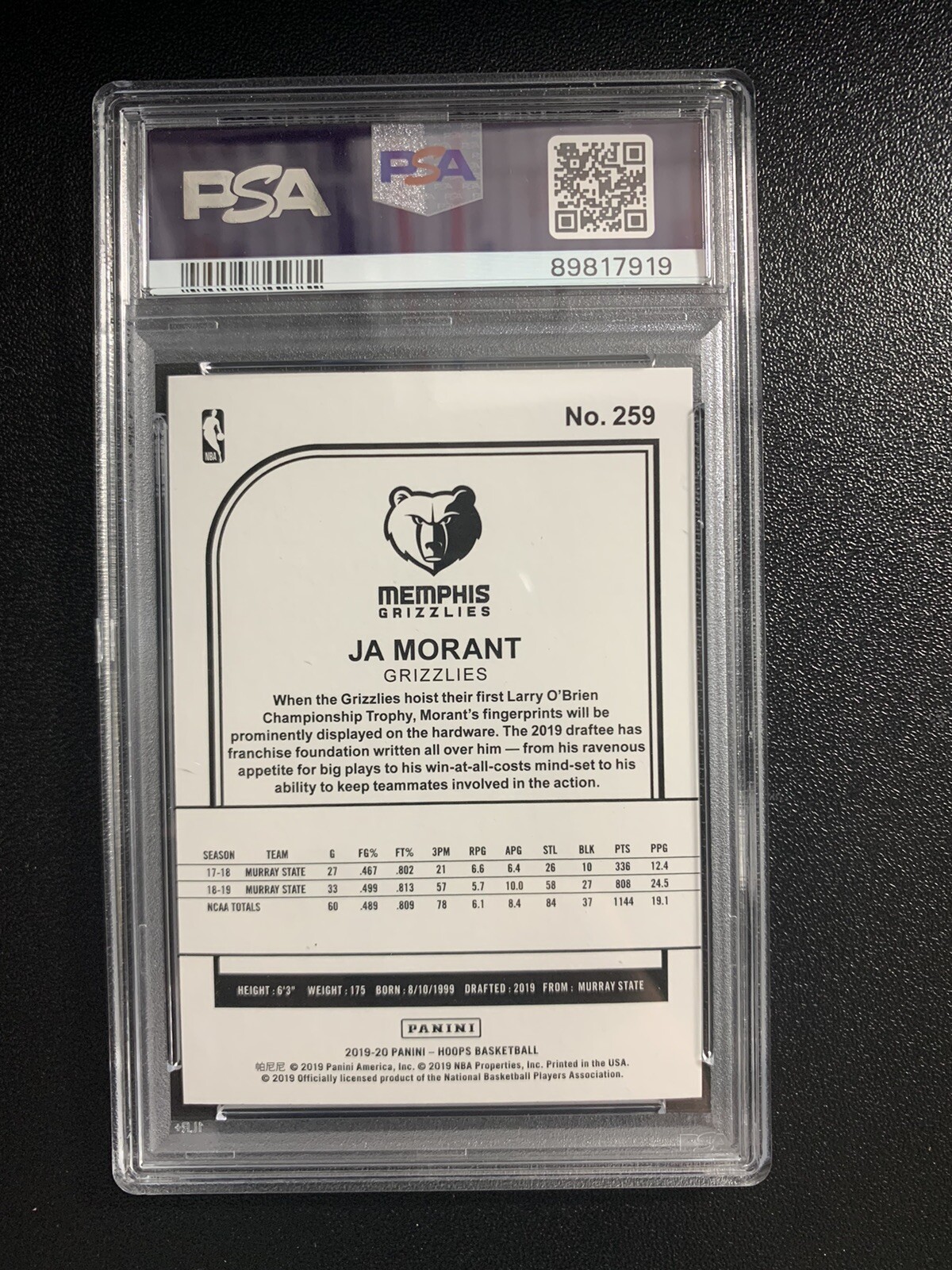 2019 Panini NBA Hoops #259 Ja Morant RC Rookie PSA 10 GRIZZLIES view 2
