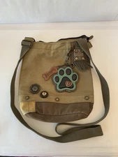 Chala Women’s Canvas Crossbody Handbag Olive Brown And Tan With Accents BOHO EUC