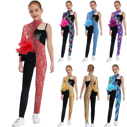Kids Girls Jumpsuit Rhythmic Bodysuit Workout Rompers Dance Unitard Ballet Show - Picture 4 of 51