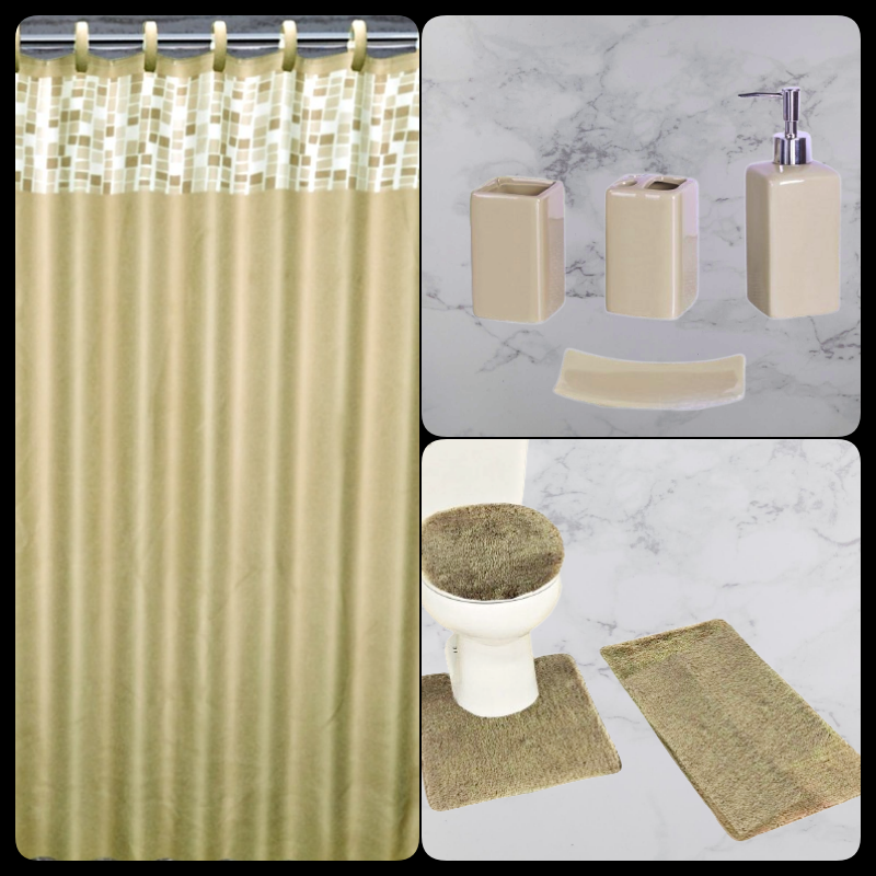 NEW 20PC MATCHING BATHROOM SHOWER CURTAIN MAT SET WITH CERAMIC ACCESORIES eBay