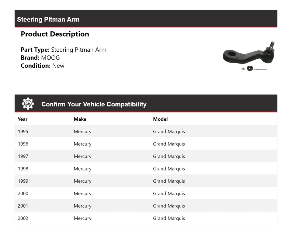 Brazo Pitman de dirección para Mercury Grand Marquis 1995-2002 MOOG 1995 1996 1997 1998 Foto 2 de 4