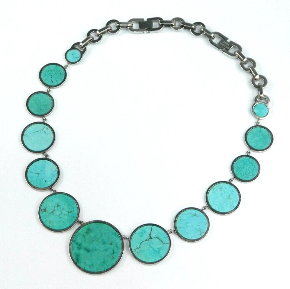 Michael Kors Faux Turquoise Disc Graduated Silver Tone 16-18" Necklace Pretty! - Image 4 of 4