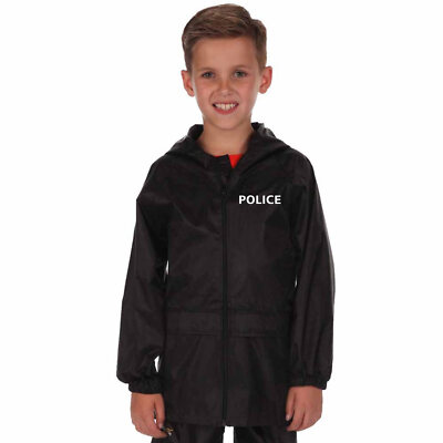 Police Jacket Hooded Windbreaker Kagoul Uniform Rain Coat Kids Boys Girls  Black