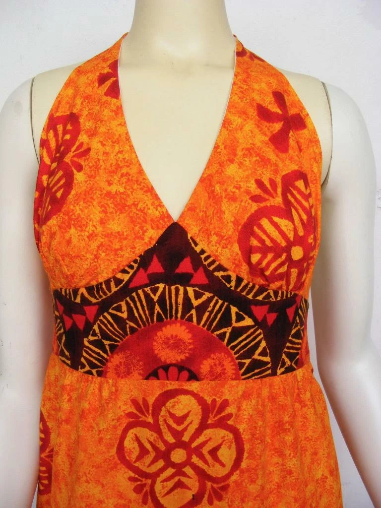 Hawaiian Barkcloth Isoshima Hale Vtg 70s Aloha Dress XS S Open Back Border Print