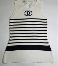 CHANEL Coco Mark Border Knit Dress Sleeveless Black White Size 38 SR2018