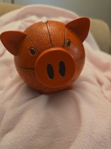 Resin Basket Ball Shaped Pig Coin Bank. Has Stopper On The Bottom.