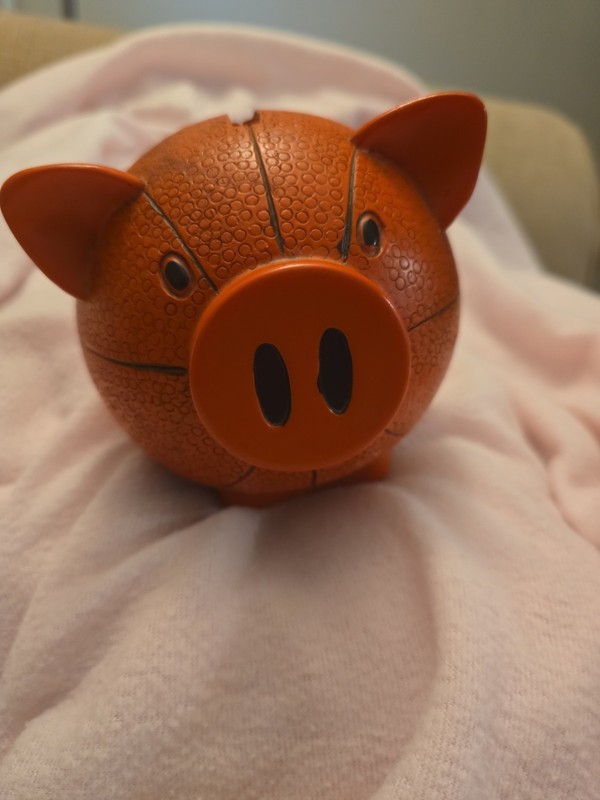 Resin Basket Ball Shaped Pig Coin Bank. Has Stopper On The Bottom.