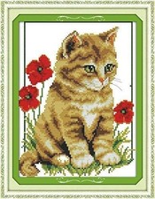 Happy Forever 11CT Stamped Cross Stitch, D304 Kitten with Poppies, Size10''x13''