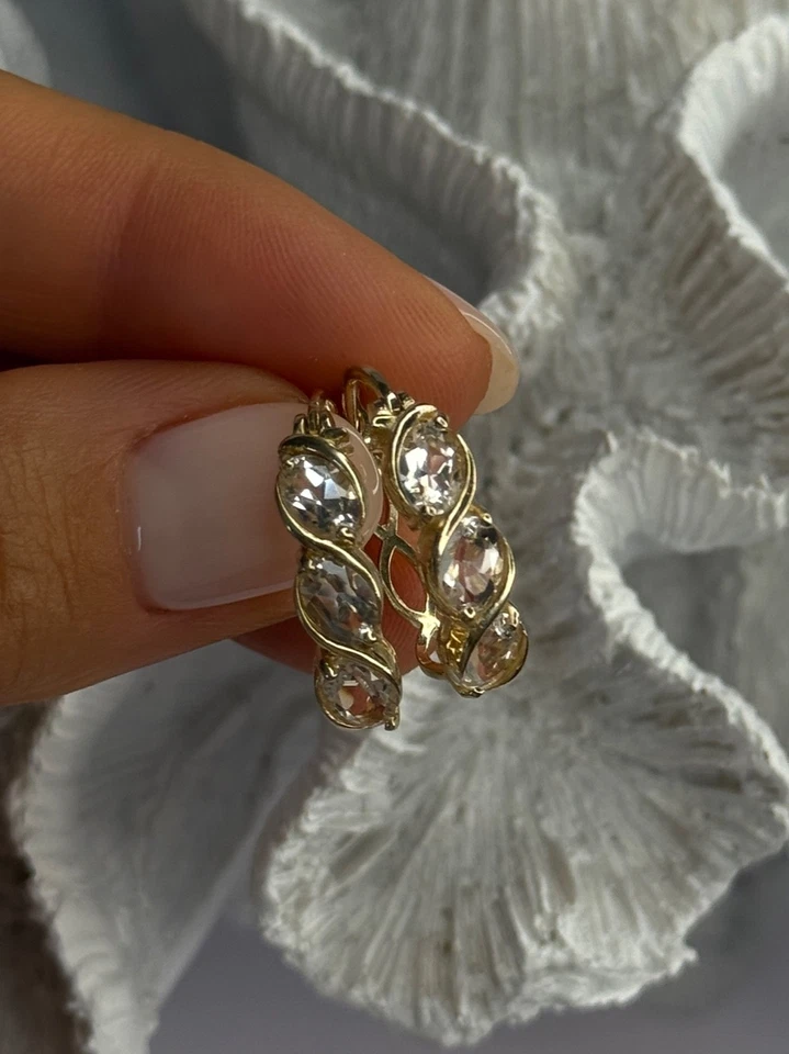 925 Sterling Silver Gold Plated White Topaz Earrings Length 0.90 Inch - Image 4 of 4