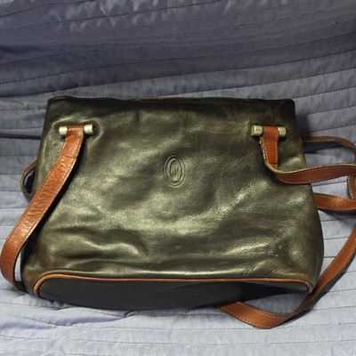 I Ponti Firenze Black Shoulder Bag Brown Strap Zip Closure Inner Pockets