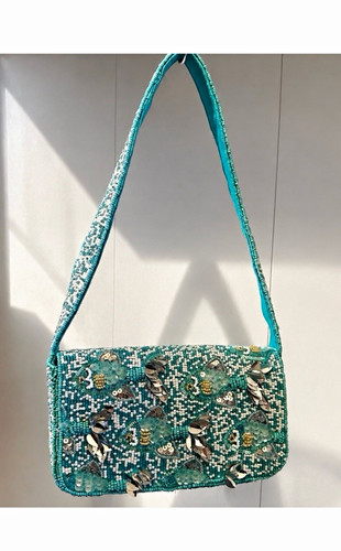Handmade in India turquoise beaded fish shoulder bag