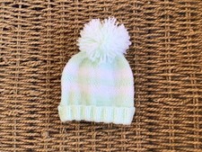BRAND NEW HAND KNITTED MINT GREEN  WHITE STRIPED POM POM HAT IN SIZE NEWBORN