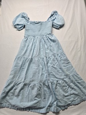 Abercrombie Emerson Midi Dress Blue Pin Stripe Puff Sleeve Size XL Milkmaid  | eBay