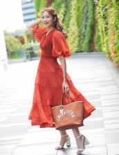 ZIMMERMANN-SIZE 4 (AU 16/US 12)-PLISSE PLEATED DARK RED MIDI PUFF SLEEVE DRESS