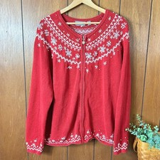 Vintage Croft Barrow Red Snowflake Zip Up Cardigan Sweater Women's Holiday