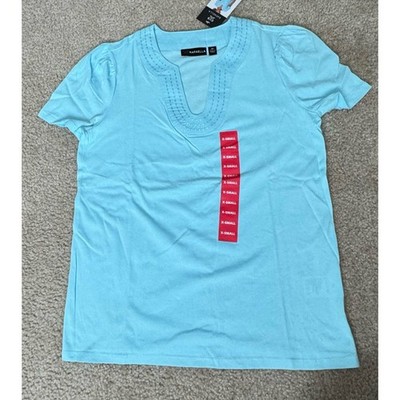 Rafaella Light Blue Embroidered V-Neck Short Sleeve Top Women s Size XSMALL NWT